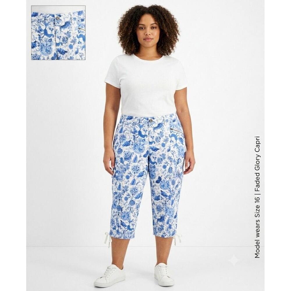 Faded Glory Women's Capri Pants Blue/White Paisley 16 Zip Front Pockets NWOT